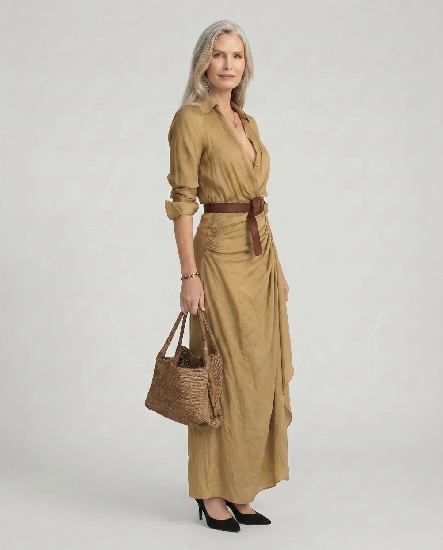 Everly | Zwiewna Drapowana Sukienka Koszulowa Maxi - Pootivo