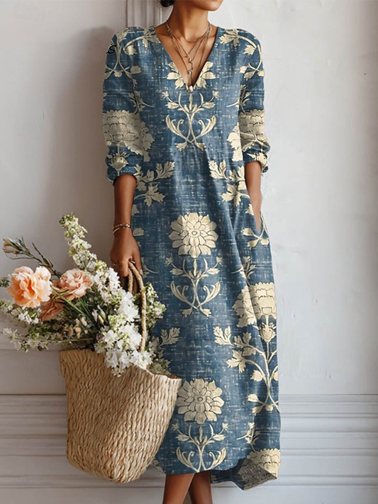 Matilda | Lniana Boho Sukienka w Kwiaty z Dekoltem VMatilda | Lniana Boho Sukienka w Kwiaty z Dekoltem V