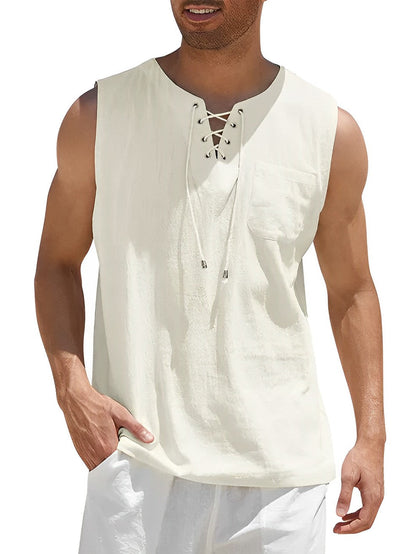 Bennett | Lniana Koszulka Bezrękawnikowa ze Sznurowanym Dekoltem