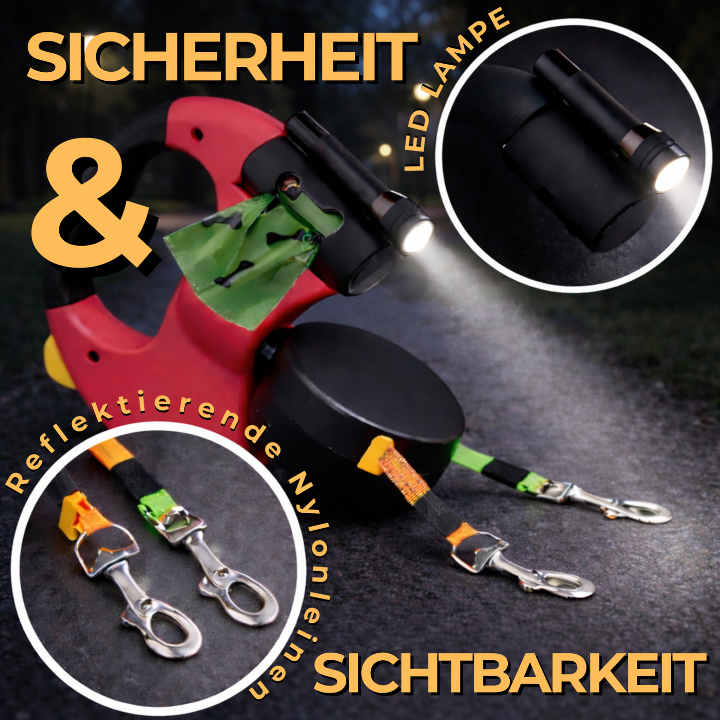 Traxo Dubbele Intrekbare Hondenriem – Uitrolriem Twee Honden LED Licht Poepzakjesdispenser