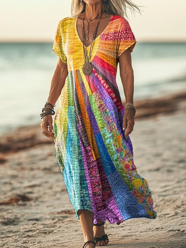 Amandine | Kolorowa Patchworkowa Sukienka Maxi Boho - Pootivo
