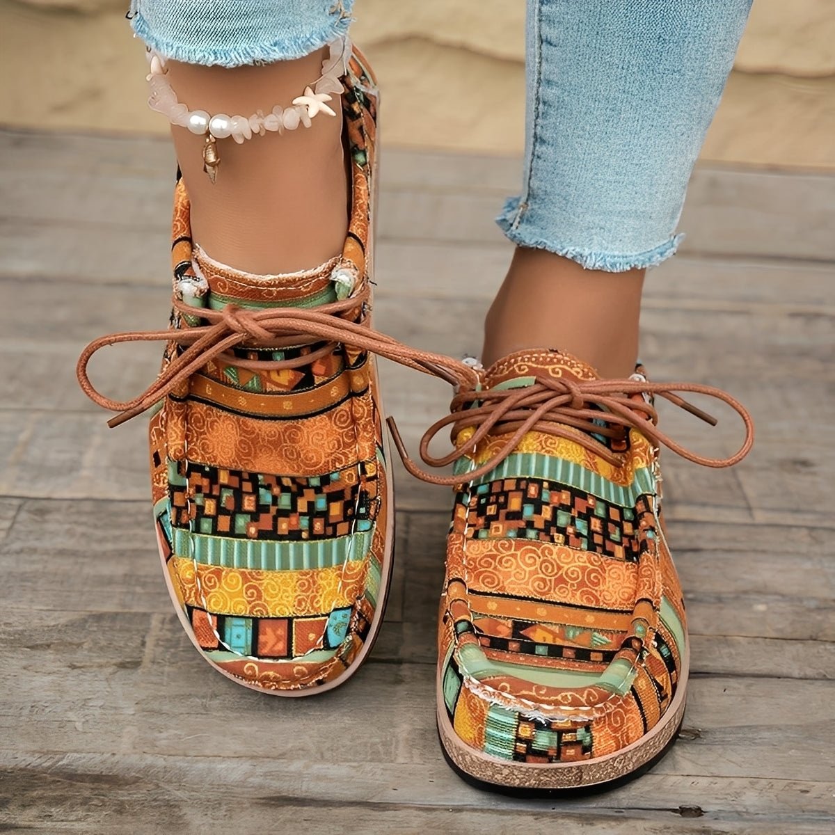 Arova | Sneakersy Damskie Wzorzyste Boho – Kolorowe Buty Sportowe - Pootivo