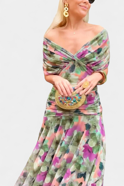 Aurèa Sukienka Maxi Damska Elegancka w Kwiaty z Odkrytymi Ramionami - Pootivo