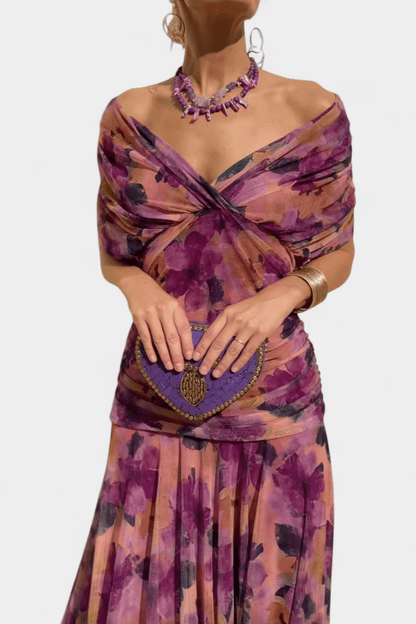 Aurèa Sukienka Maxi Damska Elegancka w Kwiaty z Odkrytymi Ramionami - Pootivo