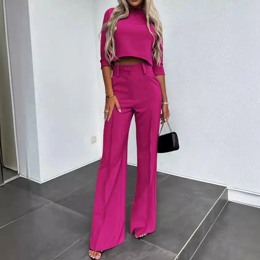 Bella Komplet Damski Crop Top Szerokie Spodnie – Elegancki Dwuczęściowy - Pootivo