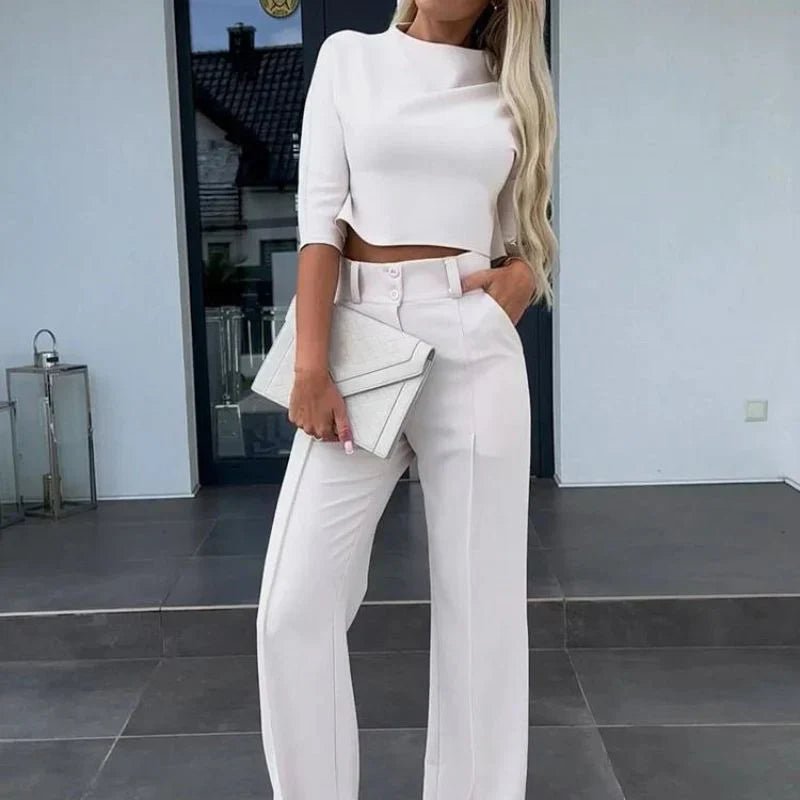 Bella Komplet Damski Crop Top Szerokie Spodnie – Elegancki Dwuczęściowy - Pootivo