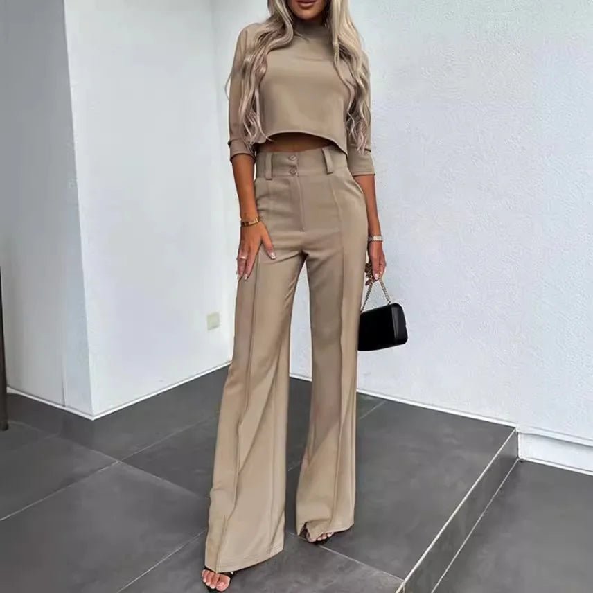 Bella Komplet Damski Crop Top Szerokie Spodnie – Elegancki Dwuczęściowy - Pootivo