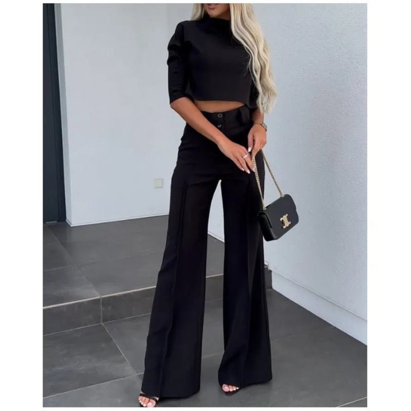 Bella Komplet Damski Crop Top Szerokie Spodnie – Elegancki Dwuczęściowy - Pootivo