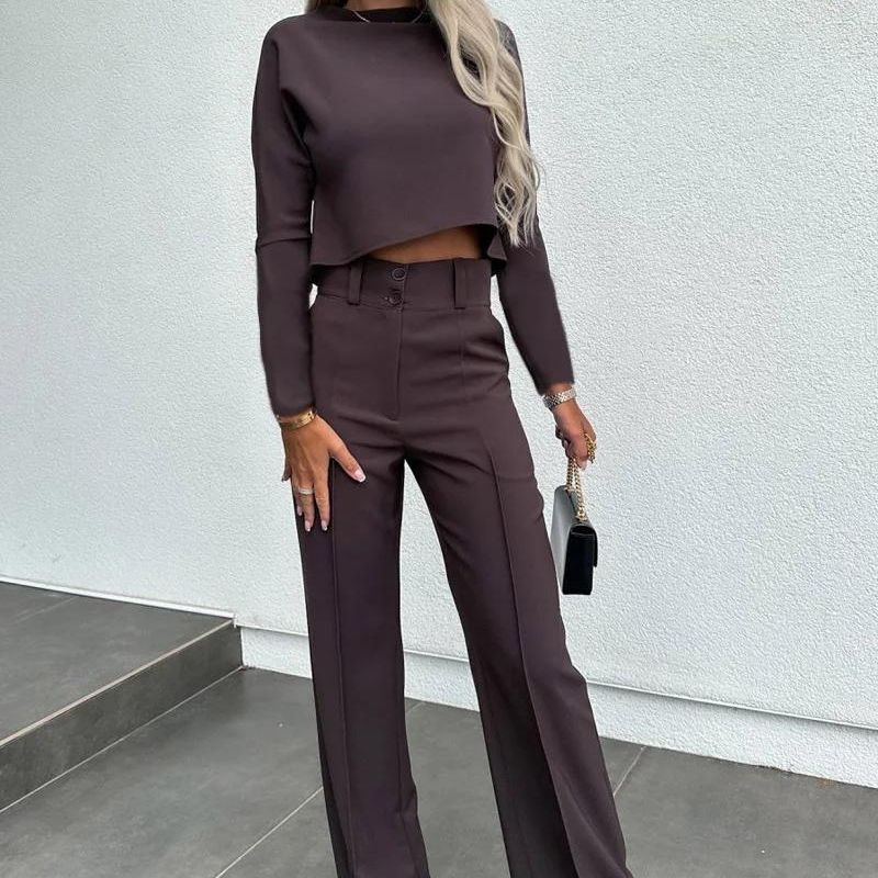 Bella Komplet Damski Crop Top Szerokie Spodnie – Elegancki Dwuczęściowy - Pootivo