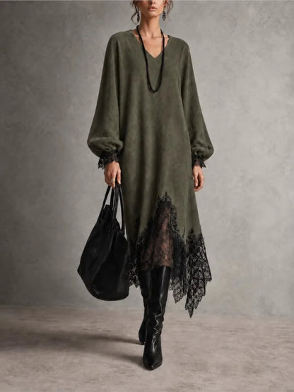 Sukienka midi w kolorze khaki z bufiastymi rękawami i koronkowym dołem