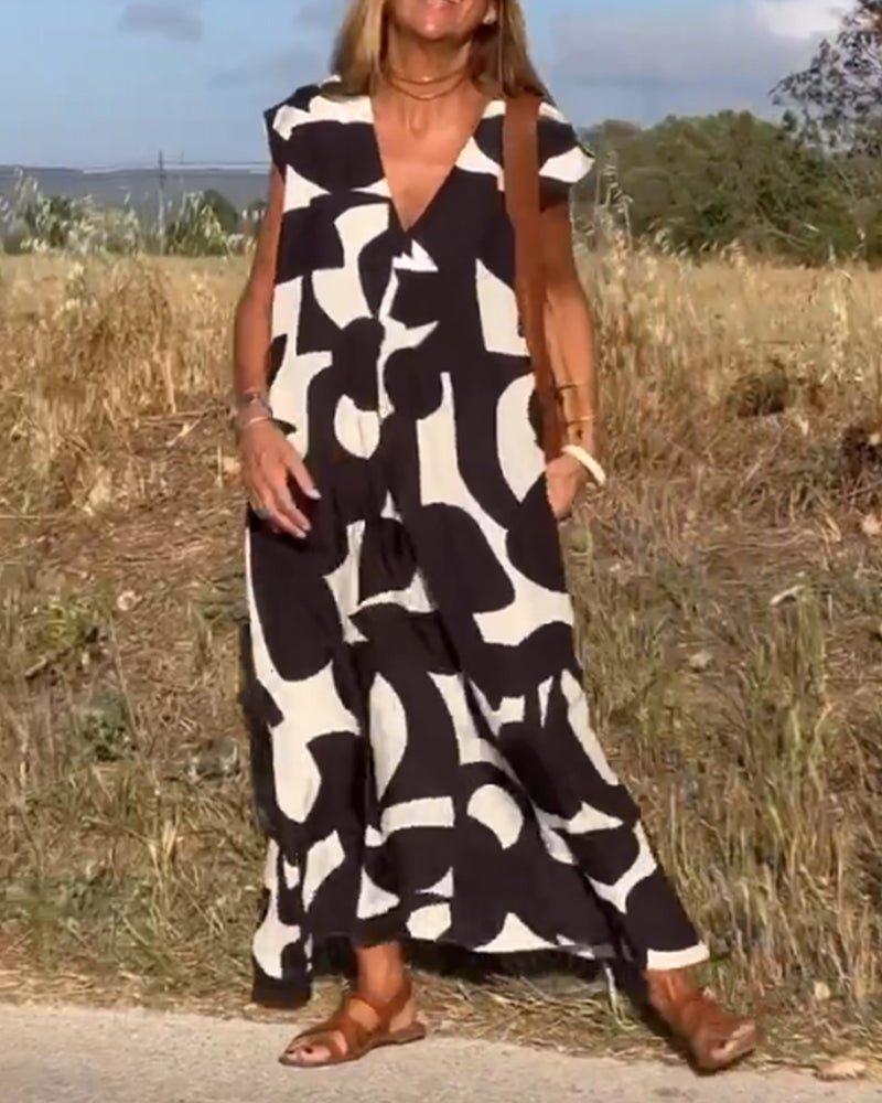 Célène Sukienka Letnia Damska Maxi Długa z Dekoltem V we Wzory - Pootivo