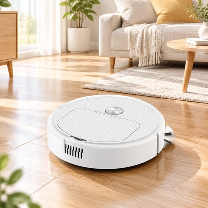 Mały biały robot sprzątający na podłodze w salonie