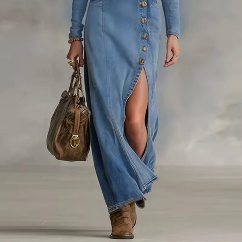 Dakota | Dopasowana Asymetryczna Sukienka Denim Maxi - Pootivo