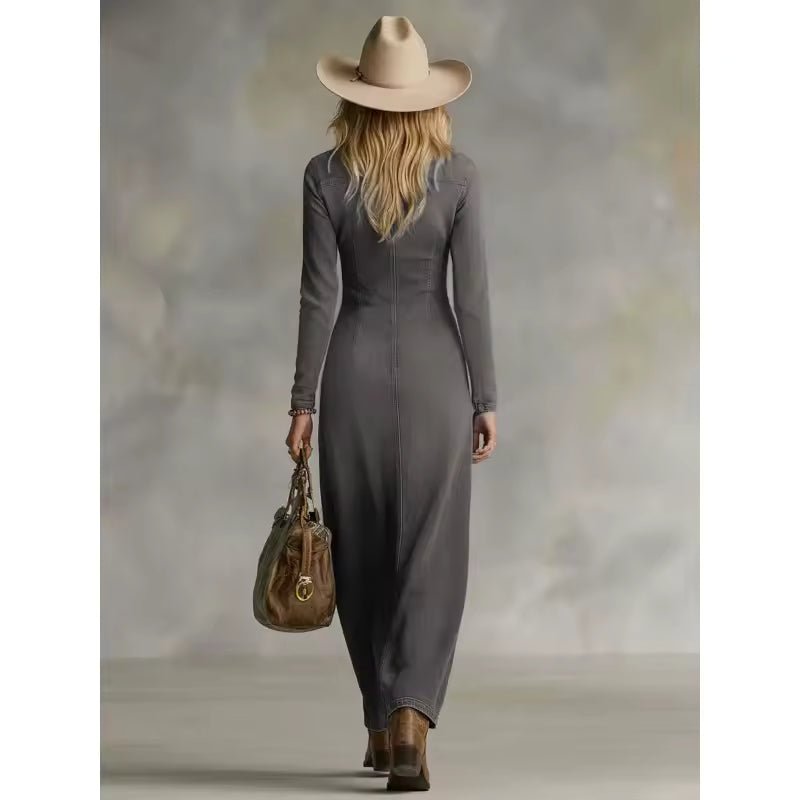 Dakota | Dopasowana Asymetryczna Sukienka Denim Maxi - Pootivo