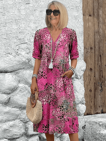 Delvèa Sukienka Midi Damska Letnia z Nadrukiem – Luźna Sukienka Boho z Kieszeniami - Pootivo