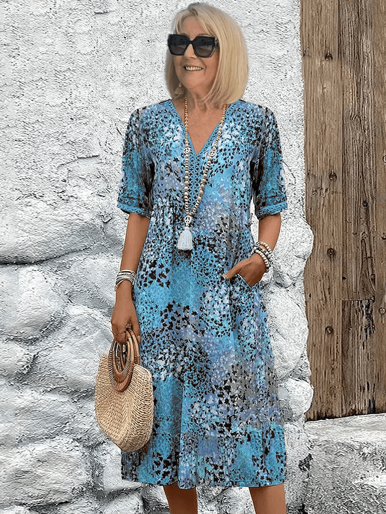 Delvèa Sukienka Midi Damska Letnia z Nadrukiem – Luźna Sukienka Boho z Kieszeniami - Pootivo