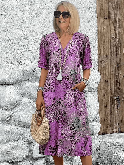 Delvèa Sukienka Midi Damska Letnia z Nadrukiem – Luźna Sukienka Boho z Kieszeniami - Pootivo