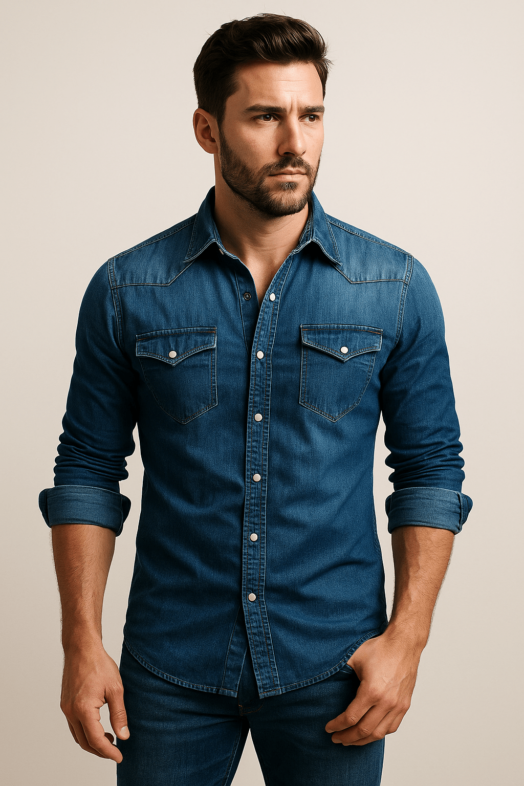 Dervèo Koszula Jeansowa Męska Slim Fit z Długim Rękawem - Pootivo