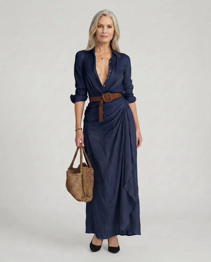 Everly | Zwiewna Drapowana Sukienka Koszulowa Maxi - Pootivo