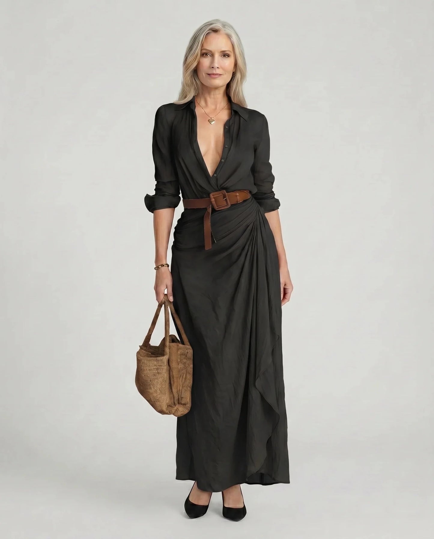 Everly | Zwiewna Drapowana Sukienka Koszulowa Maxi - Pootivo