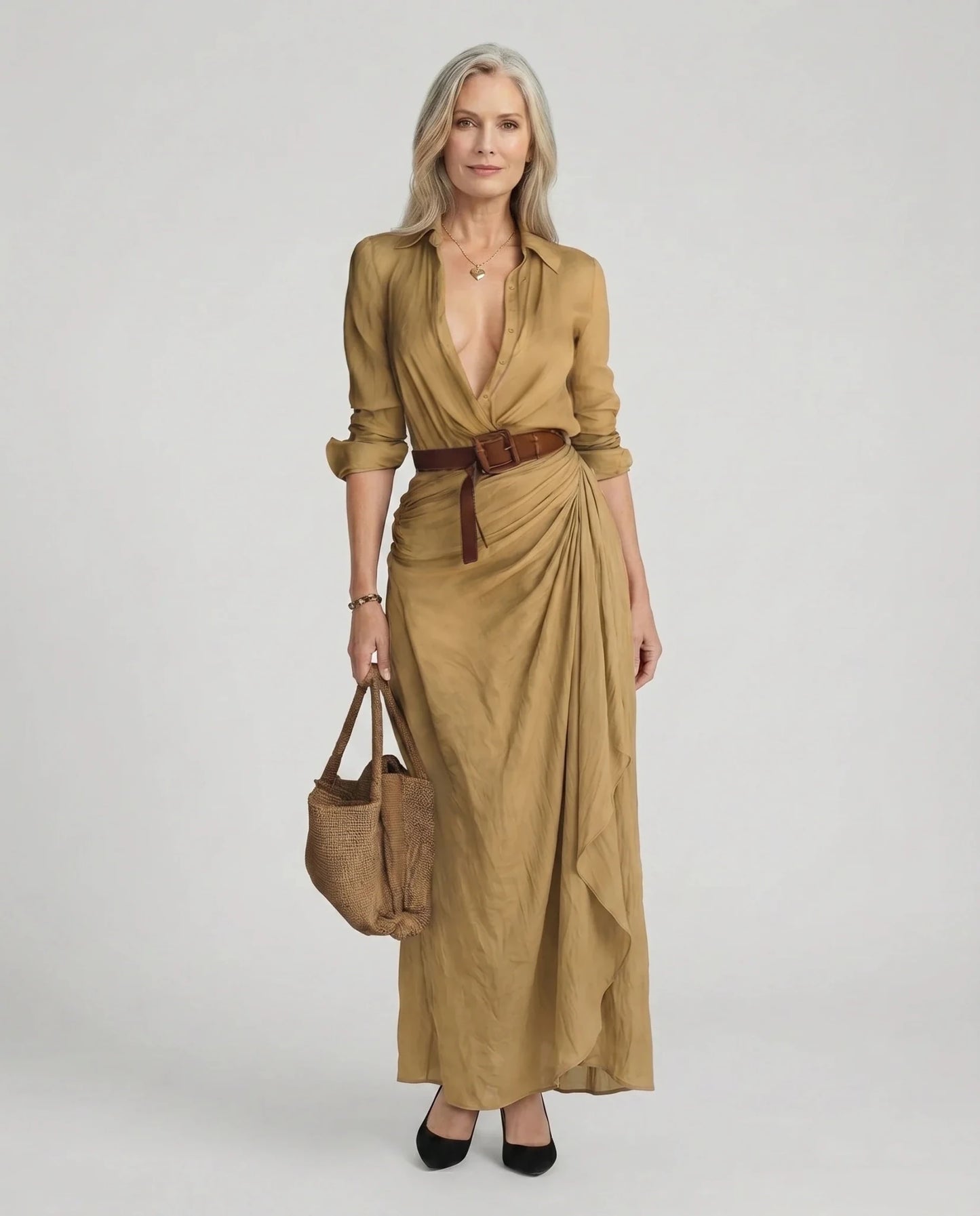 Everly | Zwiewna Drapowana Sukienka Koszulowa Maxi - Pootivo
