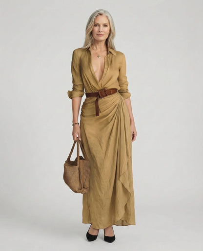 Everly | Zwiewna Drapowana Sukienka Koszulowa Maxi - Pootivo
