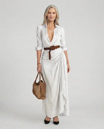 Everly | Zwiewna Drapowana Sukienka Koszulowa Maxi - Pootivo