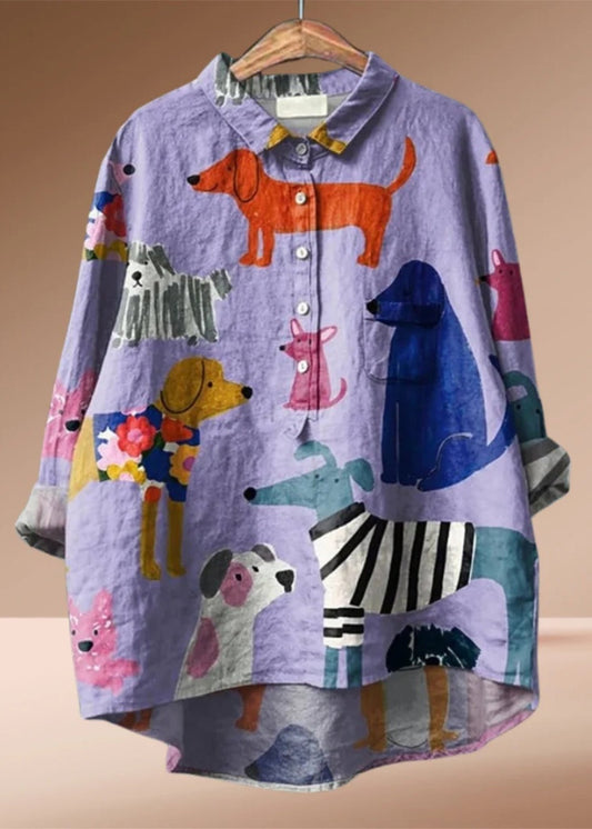 Florèa Bluzka Damska z Nadrukiem w Psy – Luźna Koszula Casualowa - Pootivo