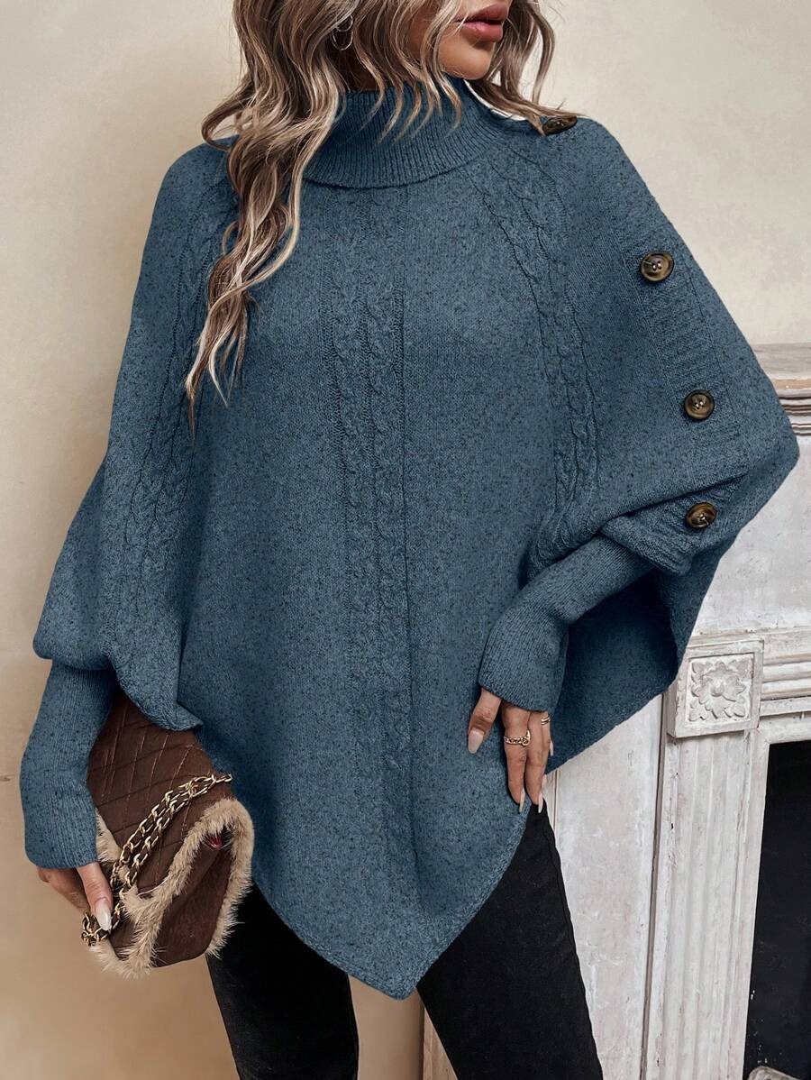 sweter poncho z golfem i warkoczami w kolorze niebieski