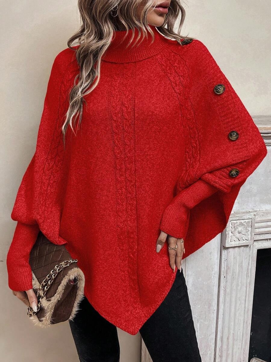 sweter poncho z golfem i warkoczami w kolorze czerwony