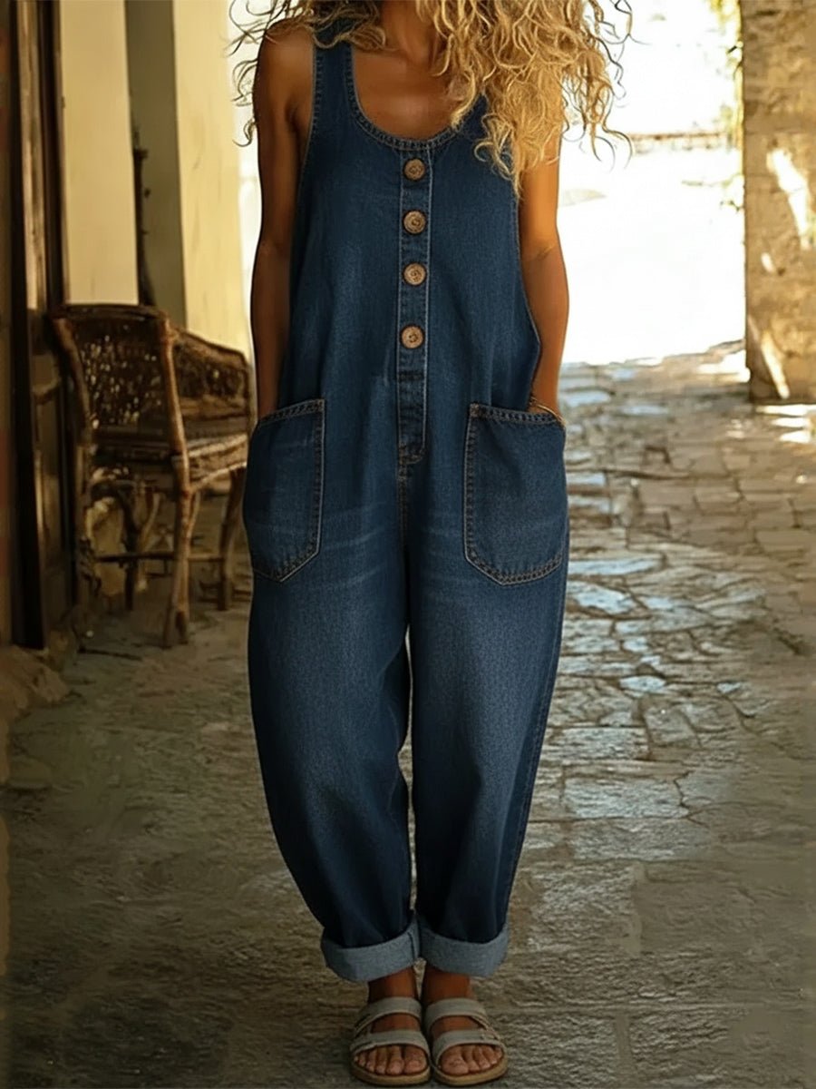 Harper | Jeansowy Luźny Kombinezon Na Guziki - Pootivo