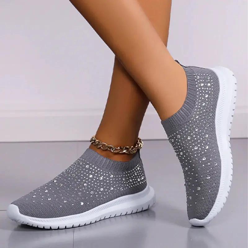 Ivy | Dzianinowe Wsuwane Sneakersy z Cyrkoniami - Pootivo