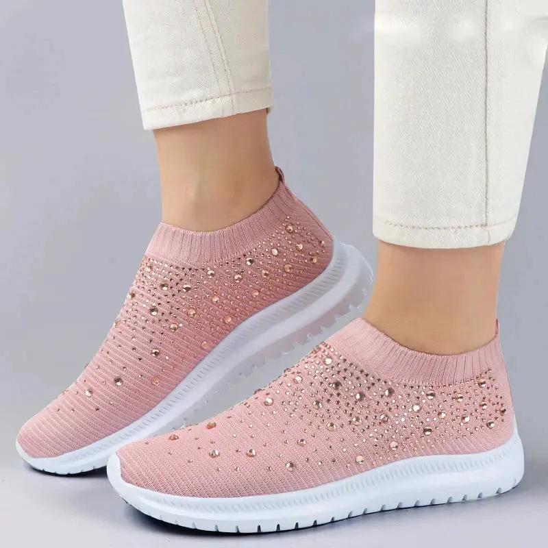 Ivy | Dzianinowe Wsuwane Sneakersy z Cyrkoniami - Pootivo