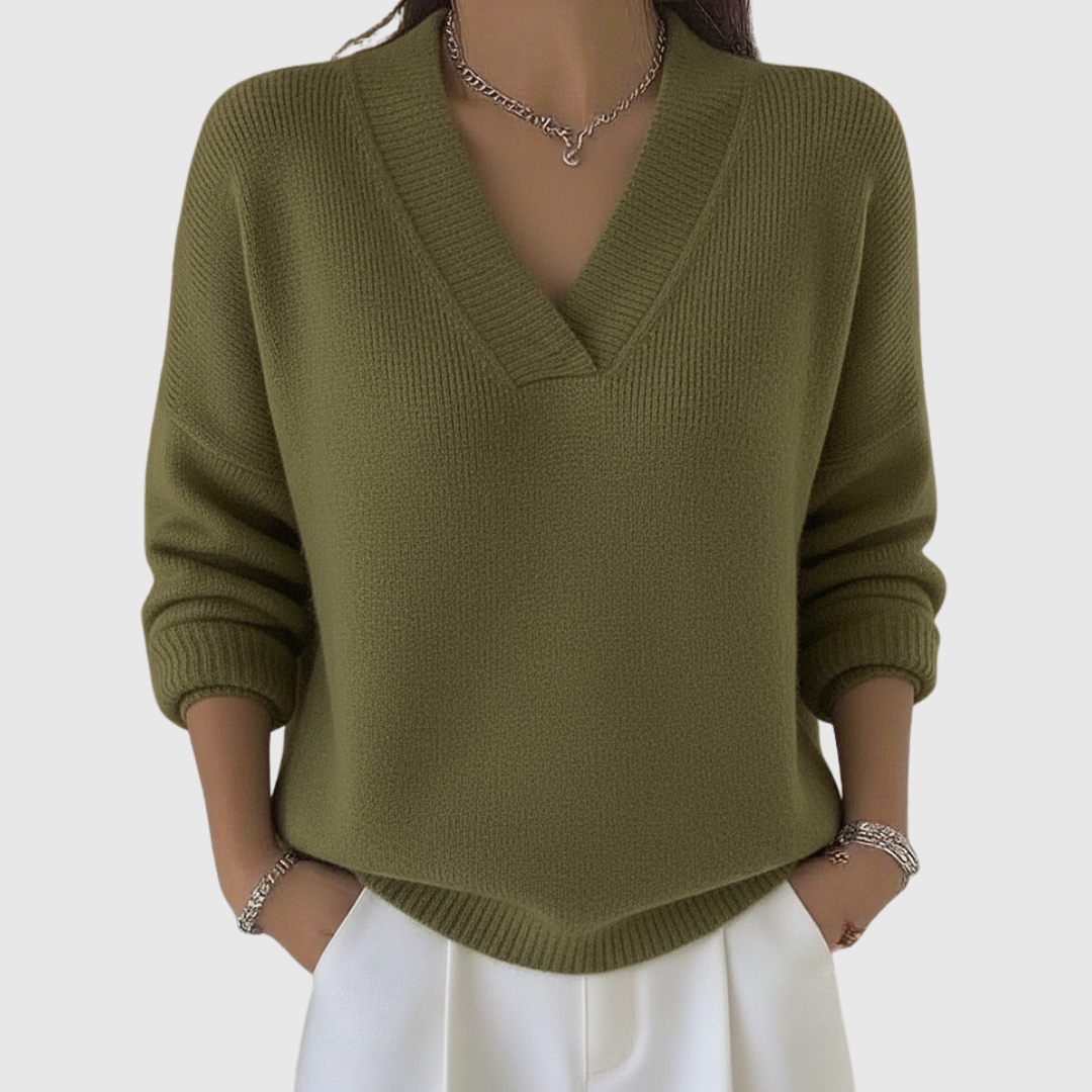 Damski miękki sweter z dekoltem w serek – khaki