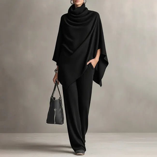 Ludomiła | Jesienny Komplet z Peleryną i Szerokimi Spodniami - Pootivo