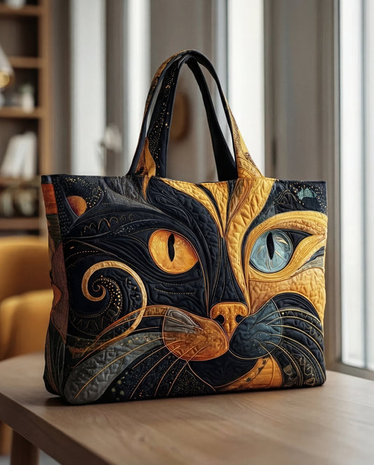 Marcelina | Pikowana Artystyczna Torba Shopper z Kotem - Pootivo