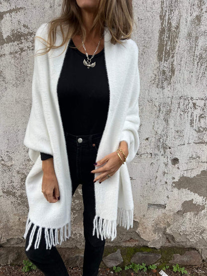 Margot | Puszysty Sweter Narzutka z Frędzlami - Pootivo