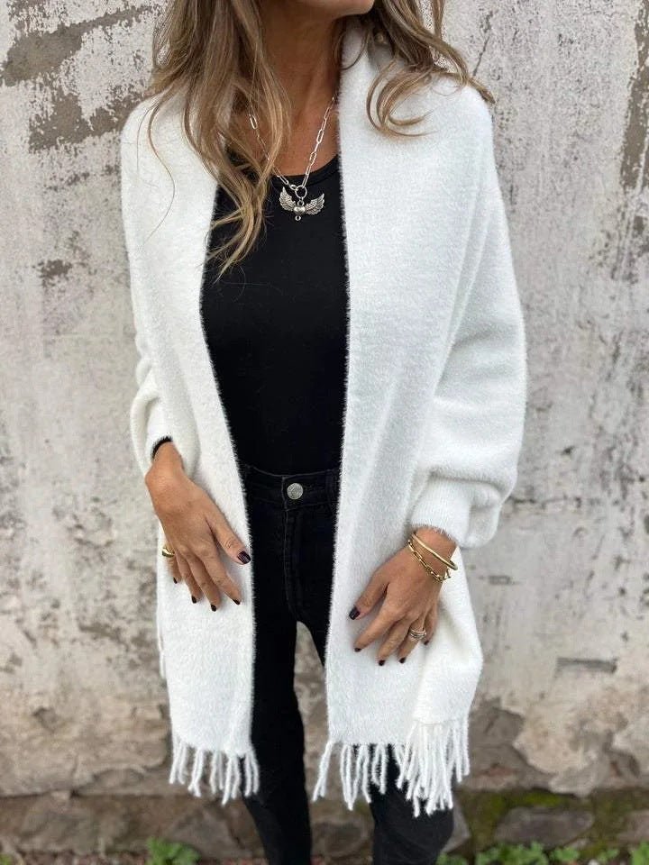 Margot | Puszysty Sweter Narzutka z Frędzlami - Pootivo
