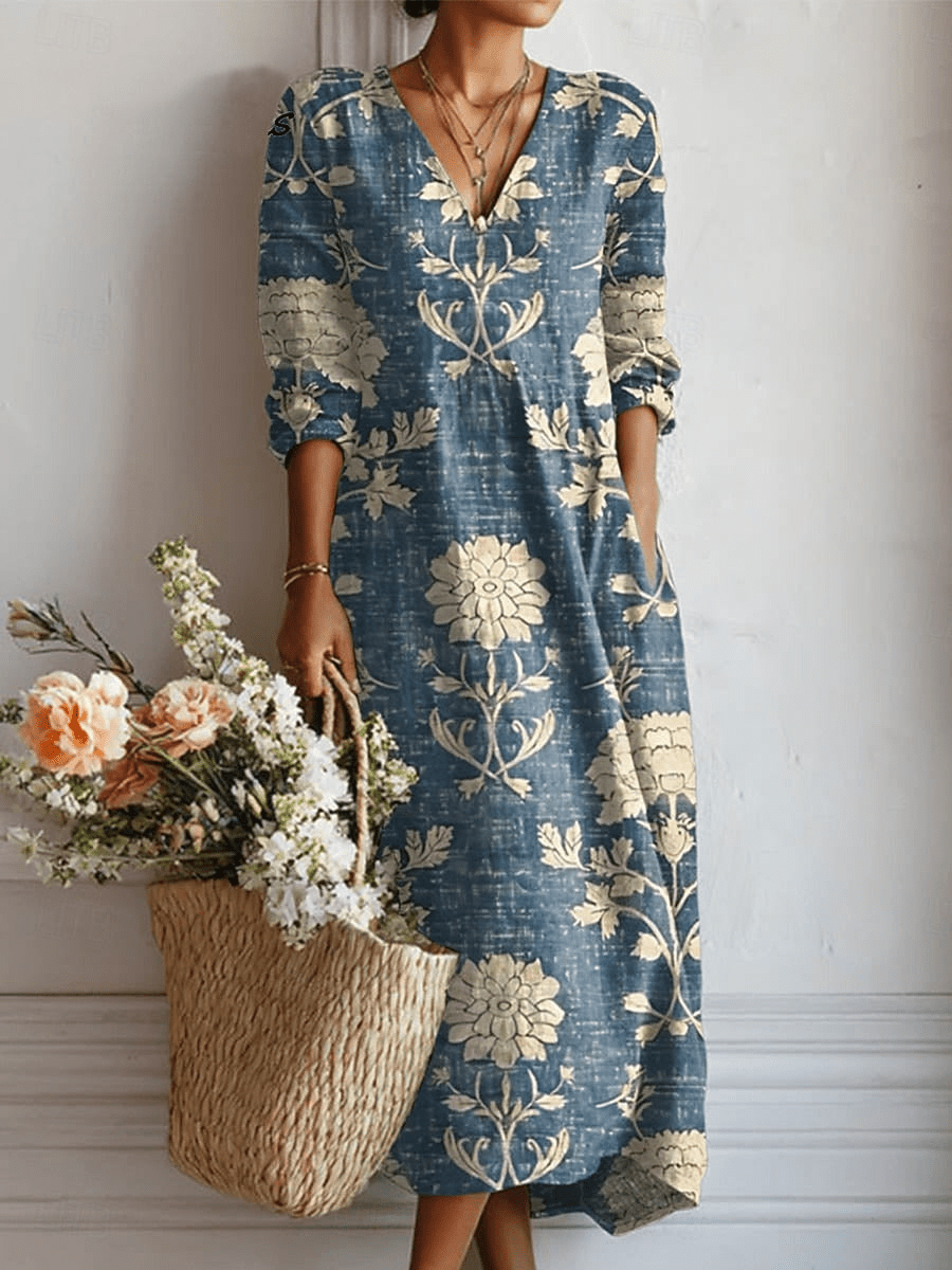 Matilda | Lniana Boho Sukienka w Kwiaty z Dekoltem VMatilda | Lniana Boho Sukienka w Kwiaty z Dekoltem V - Pootivo
