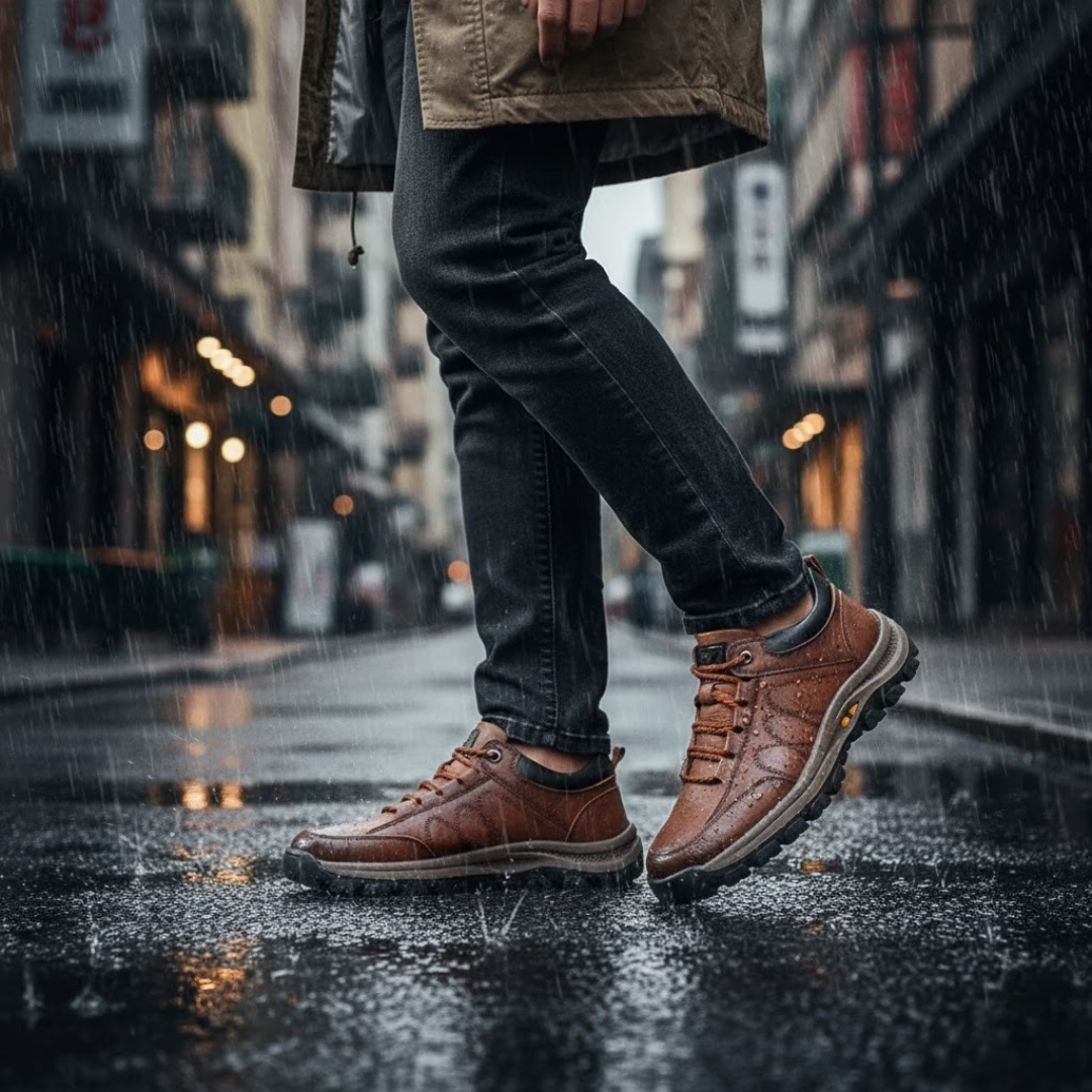 Brązowe półbuty męskie na mokrym chodniku