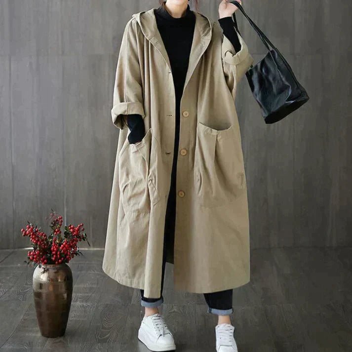 Nova | Oversize'owy Bawełniany Trencz Damski z Kapturem - Pootivo