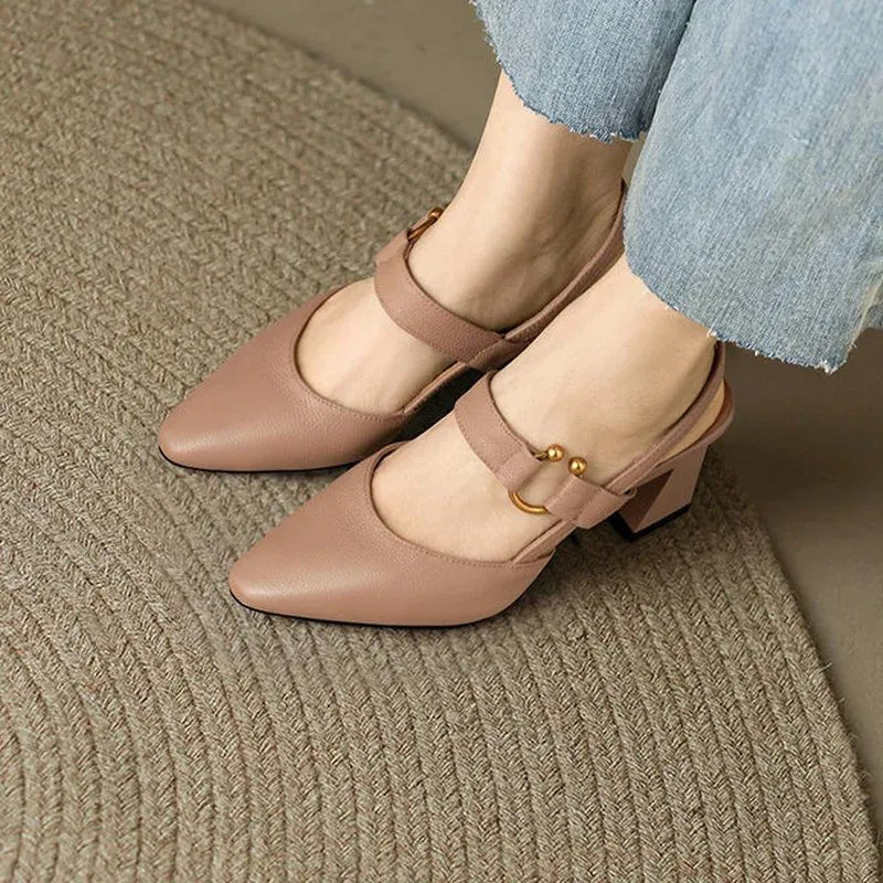 Orlée Czółenka Damskie na Słupku Slingback ze Złotą Klamrą - Pootivo