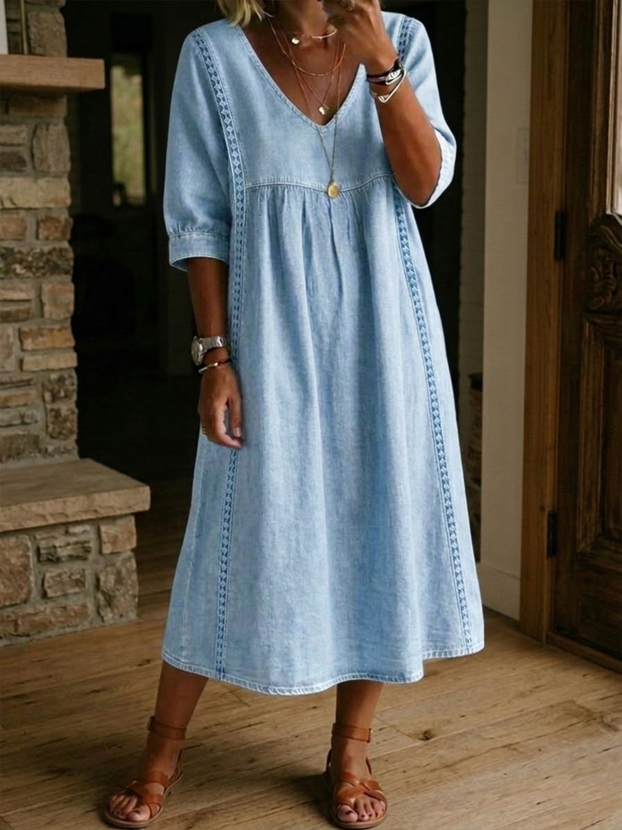 Paisley | Zwiewna Jeansowa Sukienka Midi - Pootivo