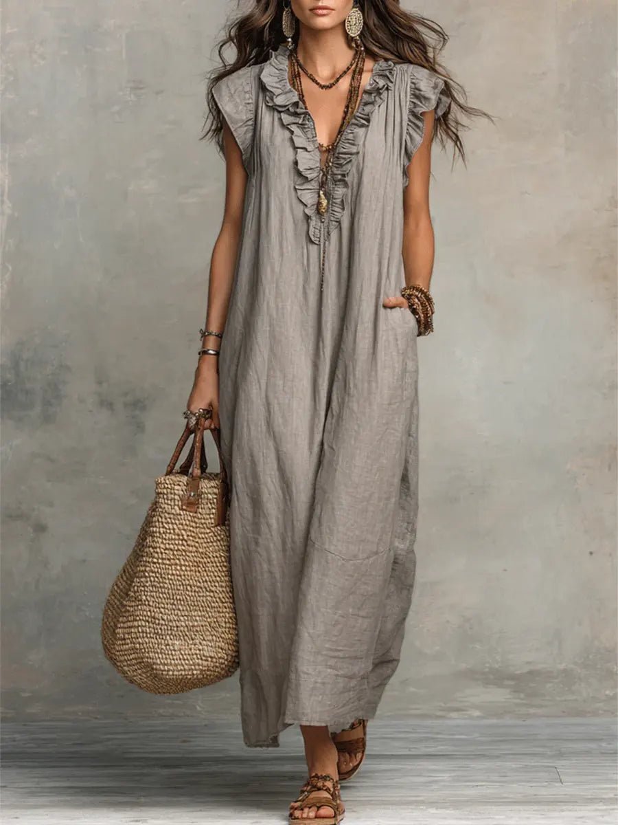 Sloane | Lniano - Bawełniana Boho Sukienka Maxi - Pootivo