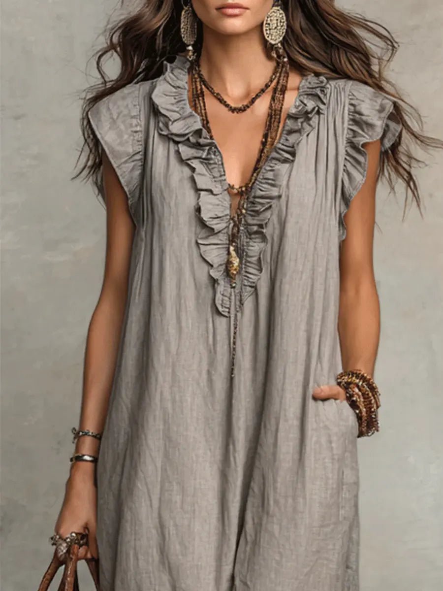 Sloane | Lniano - Bawełniana Boho Sukienka Maxi - Pootivo