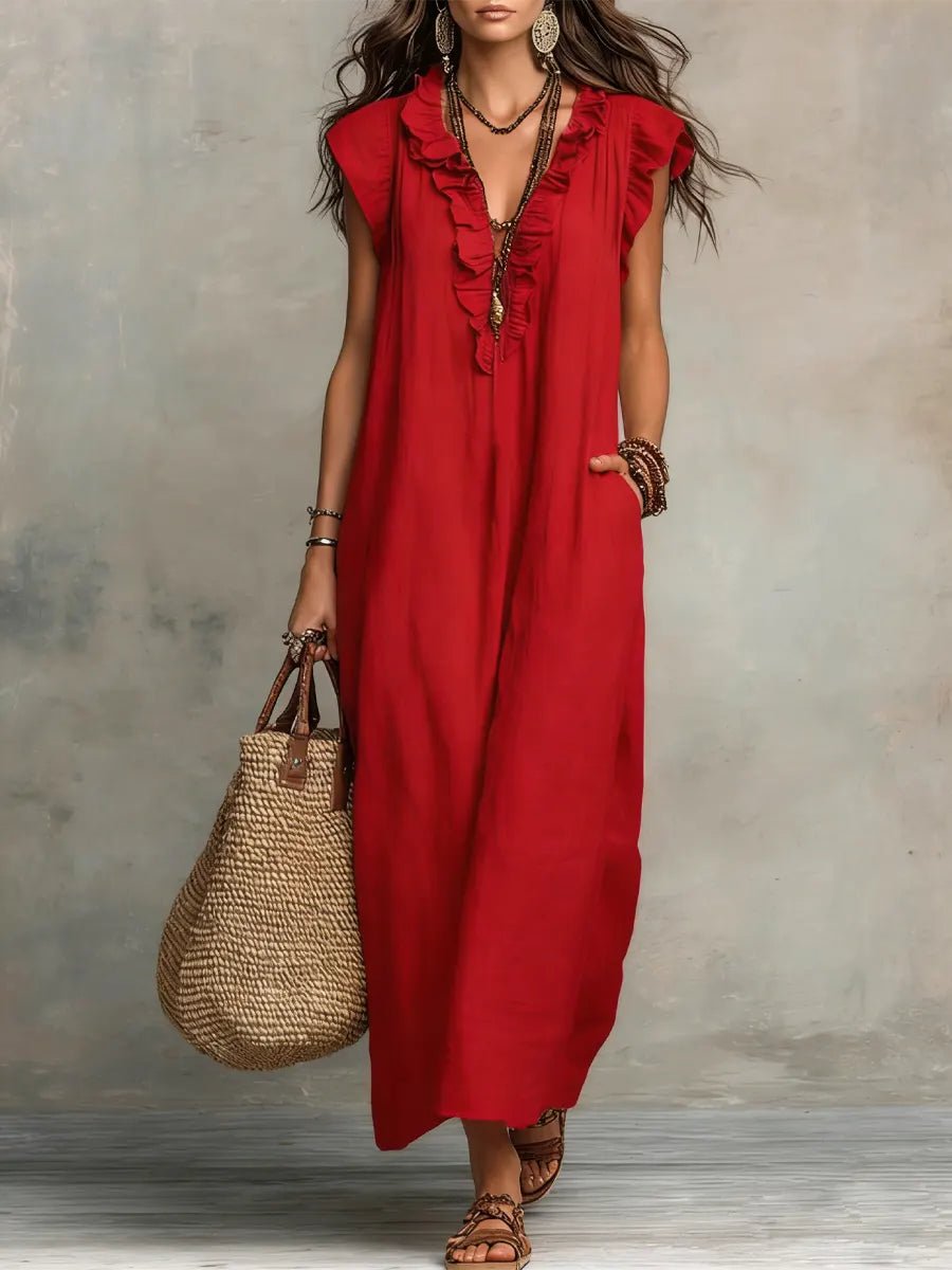 Sloane | Lniano - Bawełniana Boho Sukienka Maxi - Pootivo