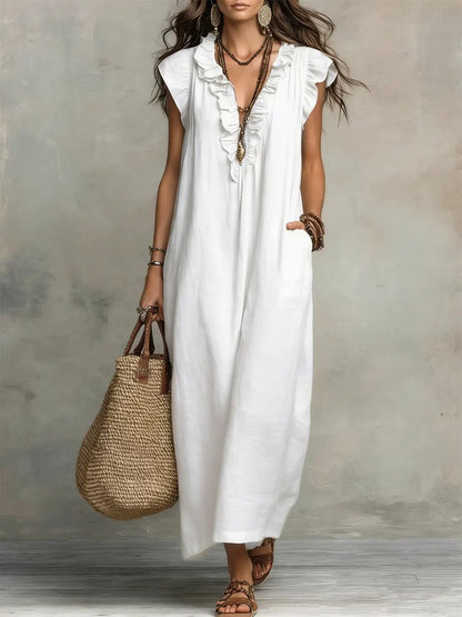 Sloane | Lniano - Bawełniana Boho Sukienka Maxi - Pootivo