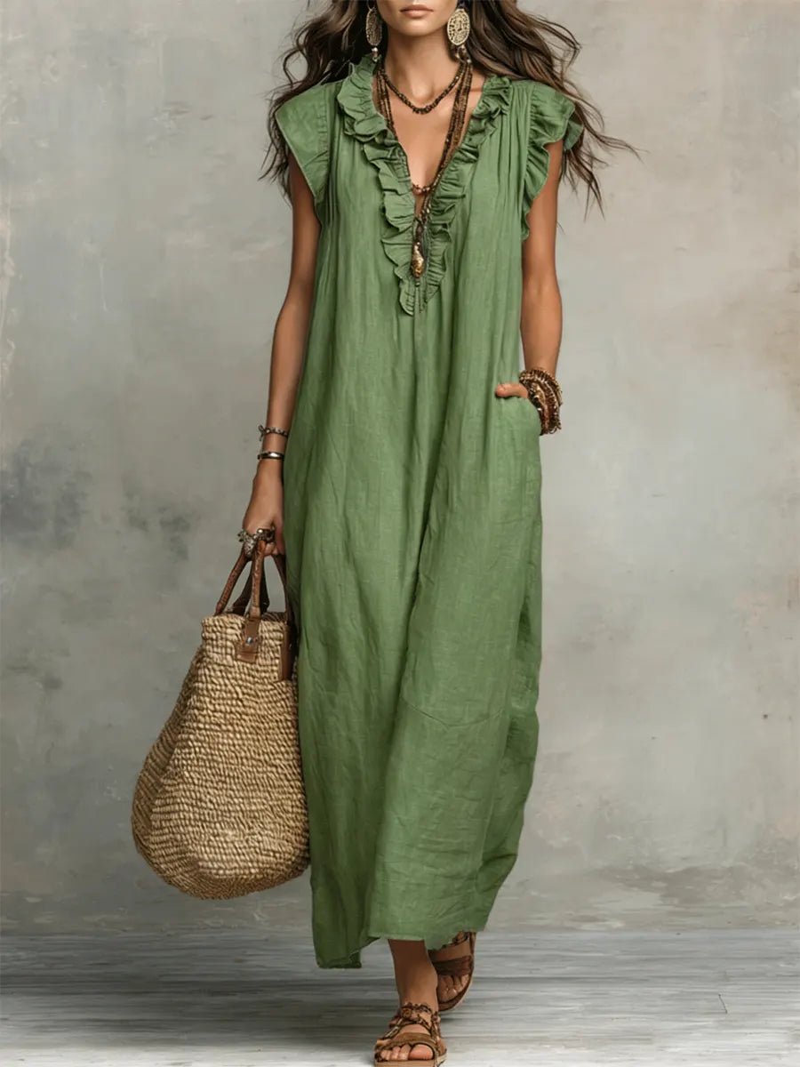 Sloane | Lniano - Bawełniana Boho Sukienka Maxi - Pootivo