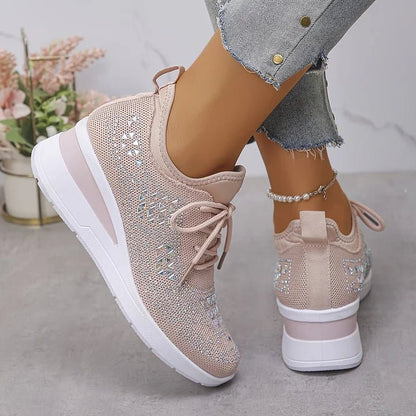 Stelvora Sneakersy Damskie z Kryształkami Rhinestone na Platformie – Modne Buty Sportowe ze Sznurowaniem - Pootivo