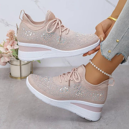 Stelvora Sneakersy Damskie z Kryształkami Rhinestone na Platformie – Modne Buty Sportowe ze Sznurowaniem - Pootivo